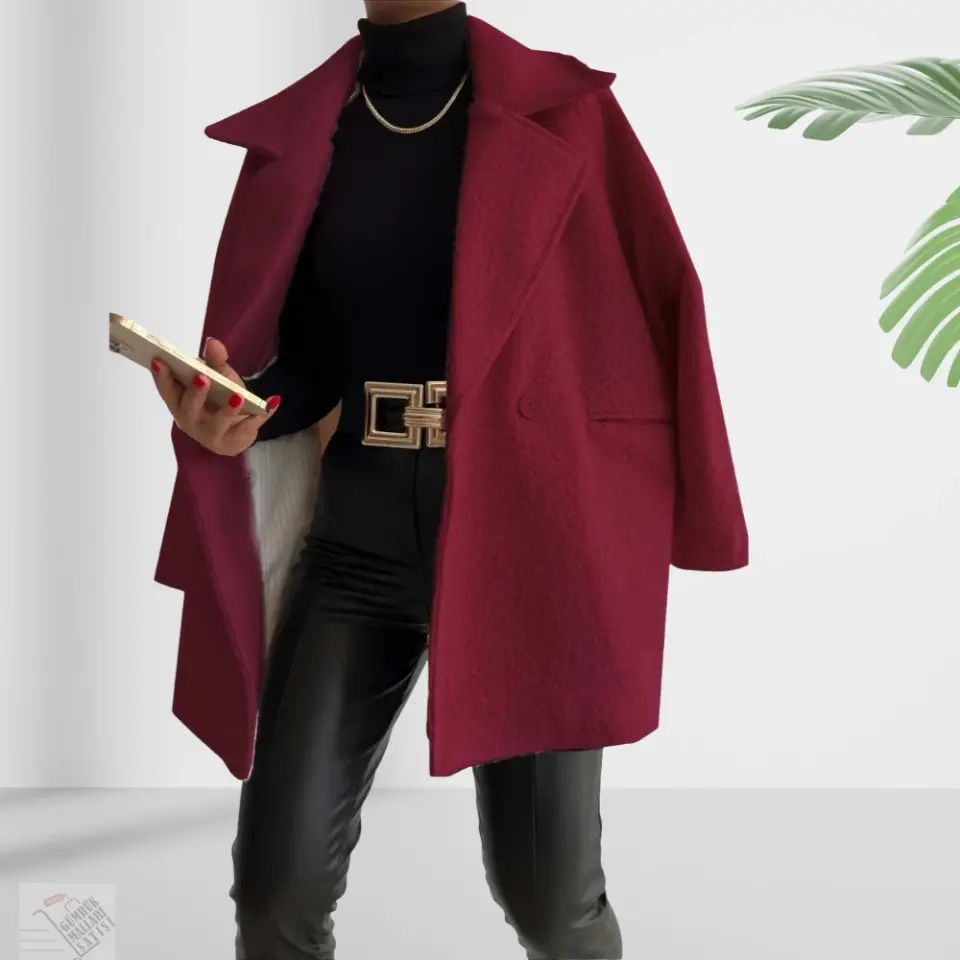 Kir Oversize Tek Düğmeli Peluş Desenli Kısa Bordo Rengi Kaban