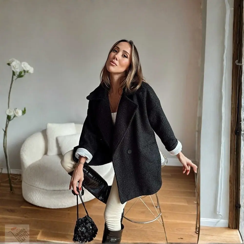 Kir Oversize Tek Düğmeli Peluş Desenli Antrasit Kısa Kaban siyah