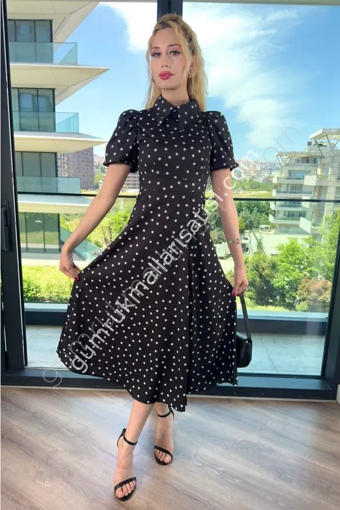 Sırt Fermuarlı Puantiyeli Beltora Beyaz Elbise L - siyah