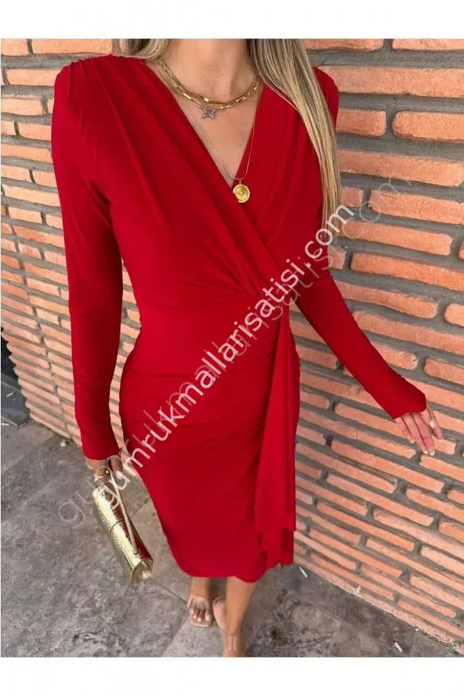 Uzun Kol Drapeli Lina Siyah Elbise XL - Kırmızı