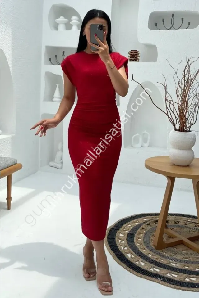 Sim Detaylı Yırtmaçlı Zıpır Yeşil Elbise L - Kırmızı