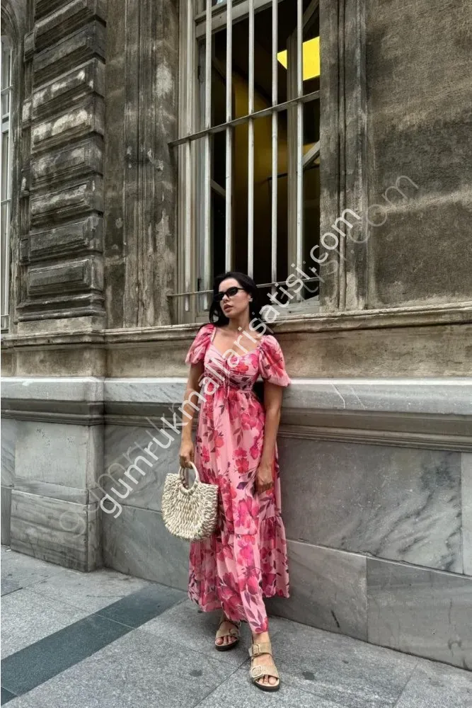 Gece Gülü Zarafeti Uzun Pembe Elbise S - pembe