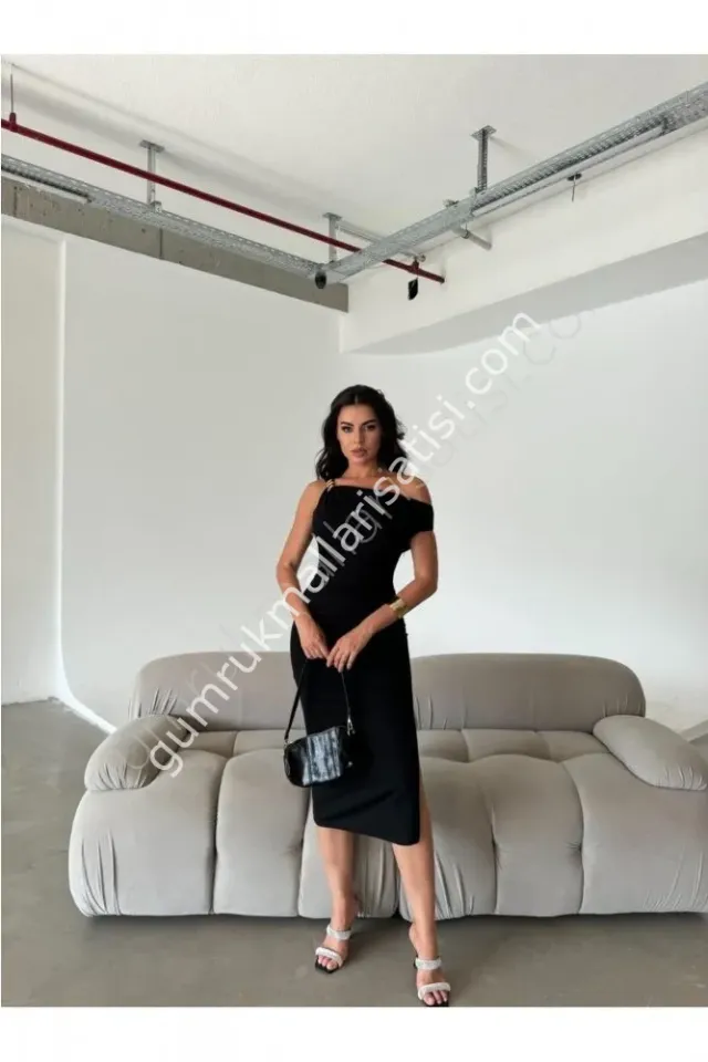 Omuz Detaylı Almila Krem Elbise XL - siyah