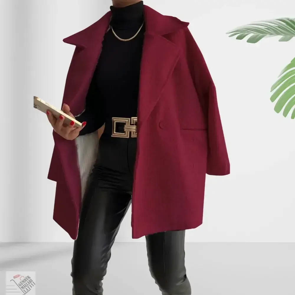 Kir Oversize Tek Düğmeli Peluş Desenli Kısa Bordo Rengi Kaban bordo
