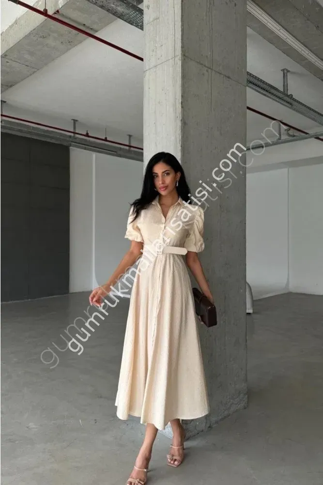 Balon Kol Sim Detaylı Himar Krem Elbise L - krem