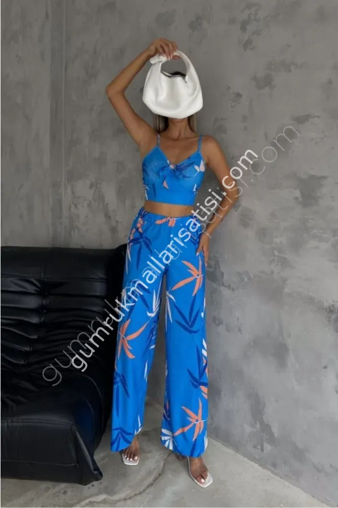 Desenli Bürümcük Krop Türüm Açık Yeşil Takım S - Mavi