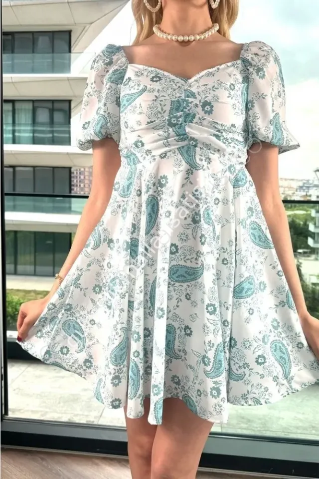 Prenses Yaka Çiçek Desenli Mini Pembe Elbise M - Mavi
