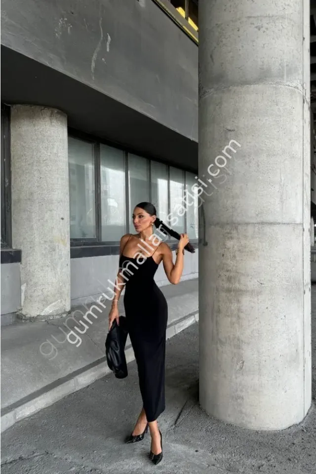 İpli Sandy Zarip Kırmızı Elbise M - siyah