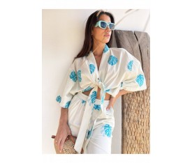 Kir Oversize Turkuaz Desenli Kimono Keten Pantolon Takım