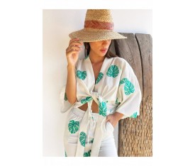 Kir Oversize Yeşil Desenli Kimono Keten Pantolon Takım 