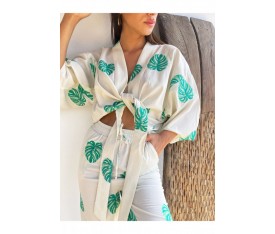 Kir Oversize Yeşil Desenli Kimono Keten Pantolon Takım 