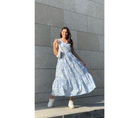 Poplin Kumaş V Yaka Belden Bağlamalı Mavi Elbise