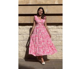 Kir Poplin Kumaş V Yaka Belden Bağlamalı Pembe Elbise