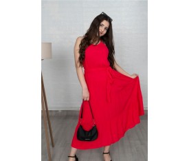 Kir Viskon Belden Bağlamalı Astarlı Kırmızı Elbise