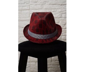 Kırmızı Ekose Çizgili Fedora Kadın Şapka