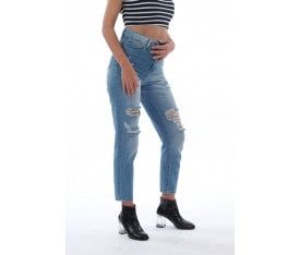 Mavi Renk Yüksek Bel Yırtık Detaylı Mom Jeans
