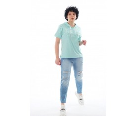 Mint Yeşili Kabartma Baskılı Kapşonlu Kadın T-Shirt