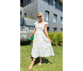 Poplin Kumaş Ananas Desenli Kemerli Elbise