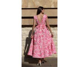 Poplin Kumaş V Yaka Belden Bağlamalı Pembe Elbise