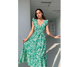 Poplin Kumaş V Yaka Belden Bağlamalı Yeşil Elbise