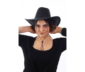 Siyah Renk Deri Detaylı Kovboy Kadın Şapka