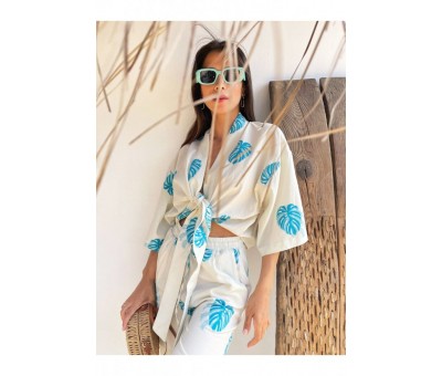 Kir Oversize Turkuaz Desenli Kimono Keten Pantolon Takım